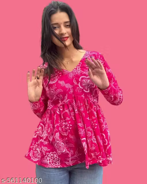 DPK Rayon Flared Pink Aliacut Floral Print Peplum Top